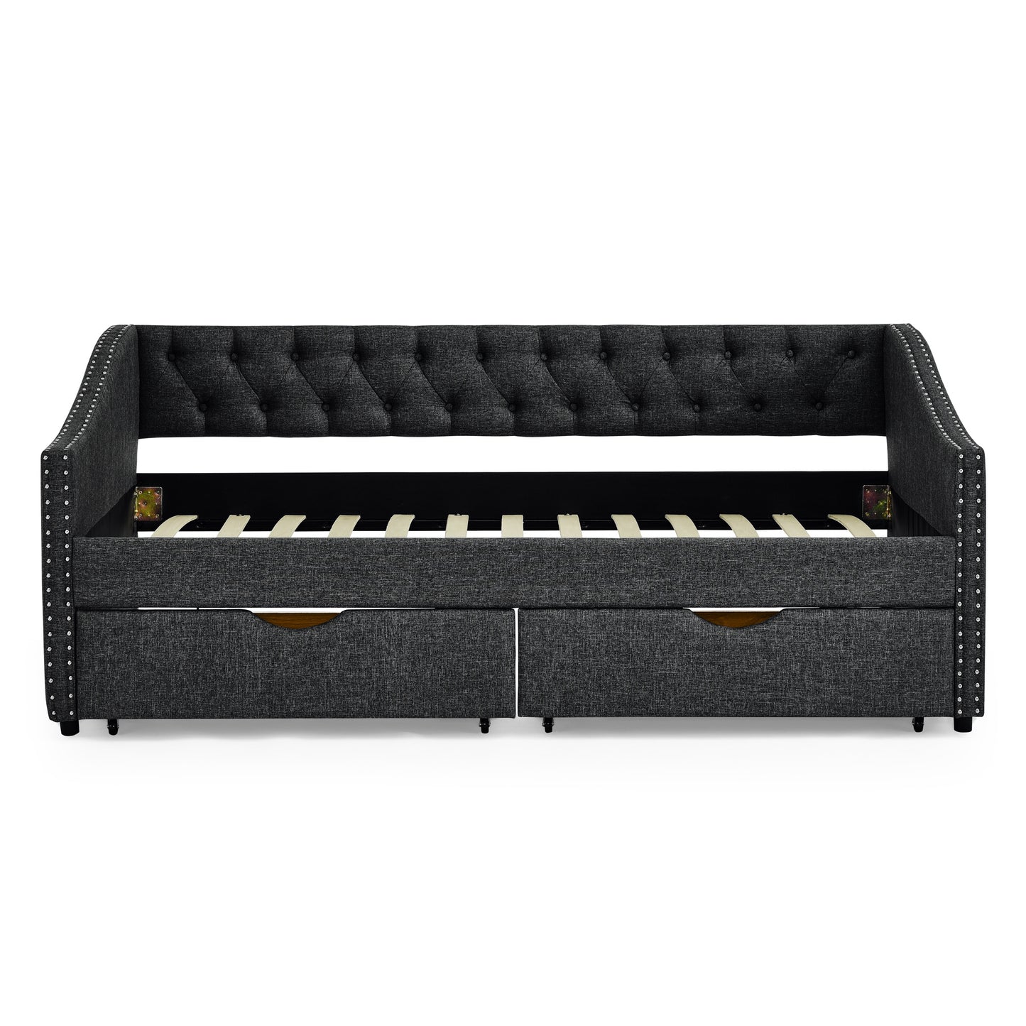upholstered tufted sofa bed with drawers in grey