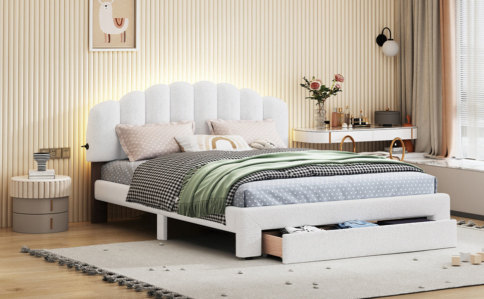 teddy fleece upholstered platform bed with drawer, white