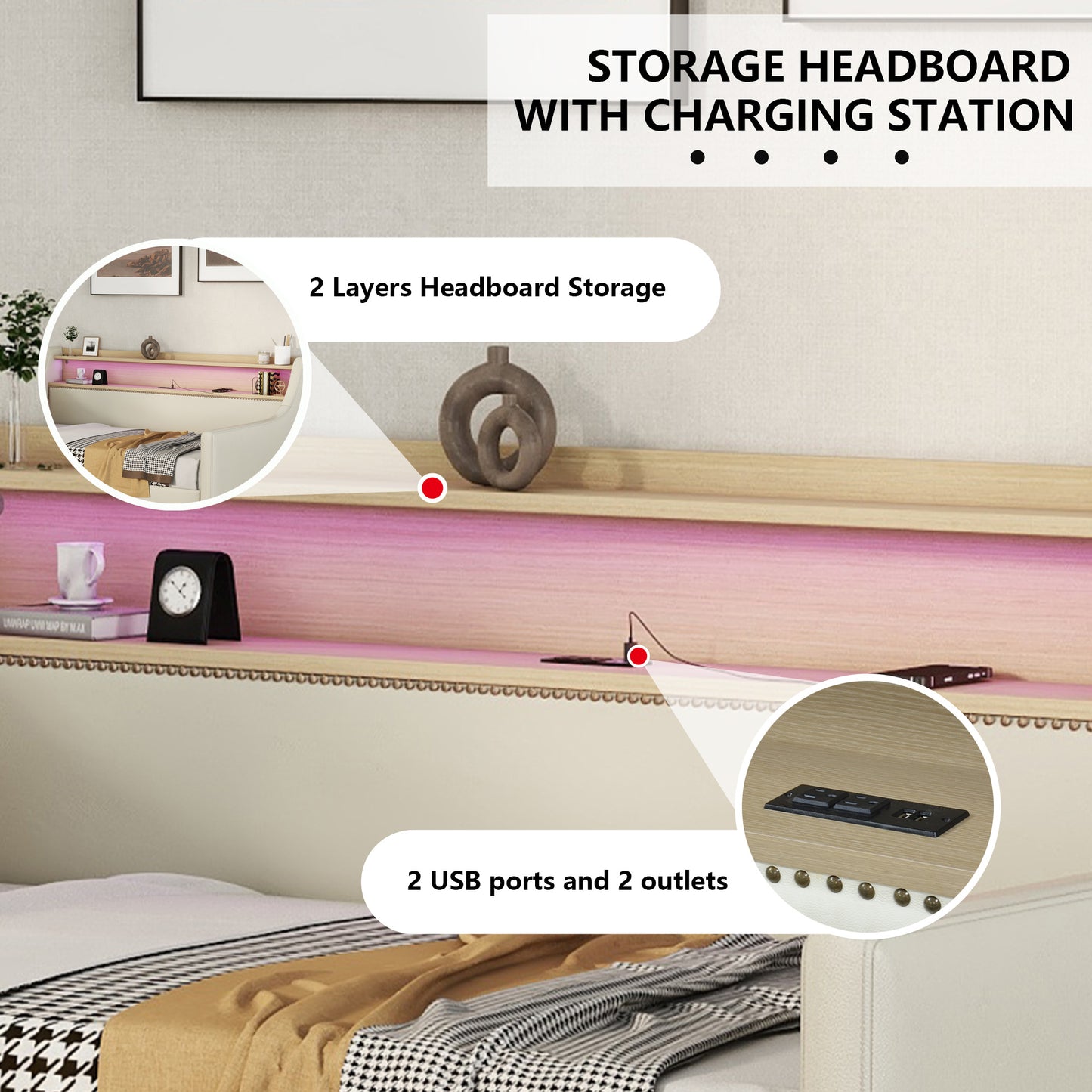upholstered bed with charging station and led lights, beige