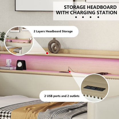 Upholstered Bed with Charging Station and LED Lights, Beige