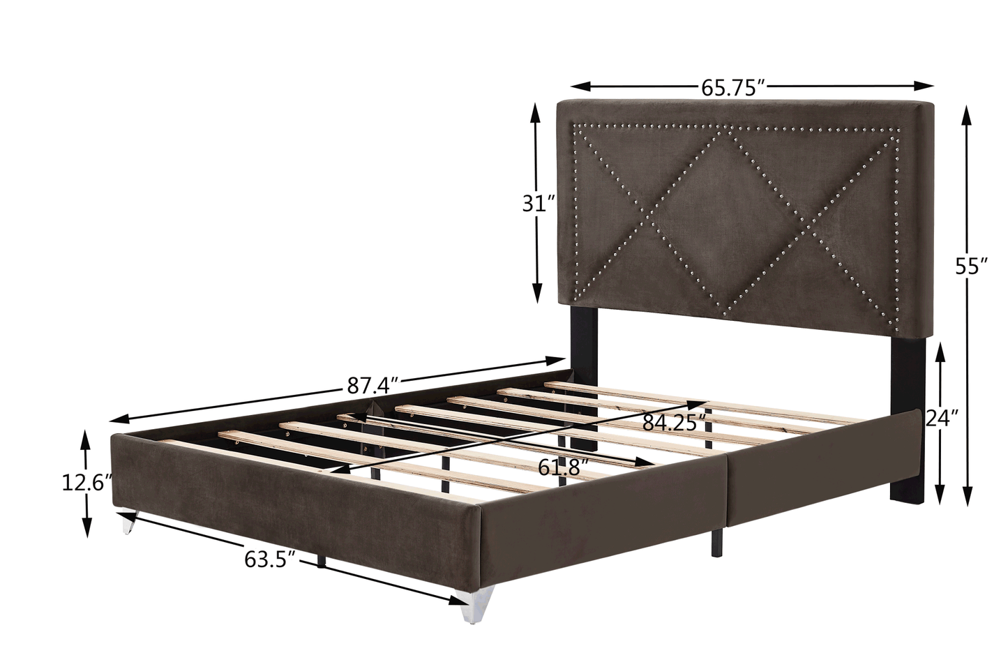 beautiful brass studs adorn the headboard, strong wooden slats + metal legs with electroplate