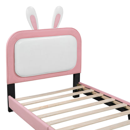 Upholstered Rabbit-Shape Princess Bed, White+Pink