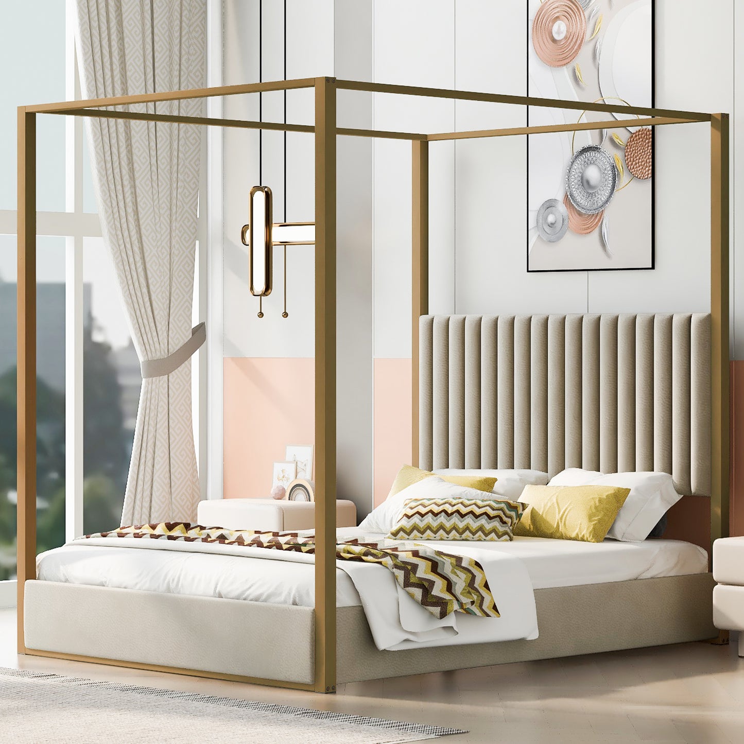 queen size upholstery canopy platform bed with headboard and metal frame, beige