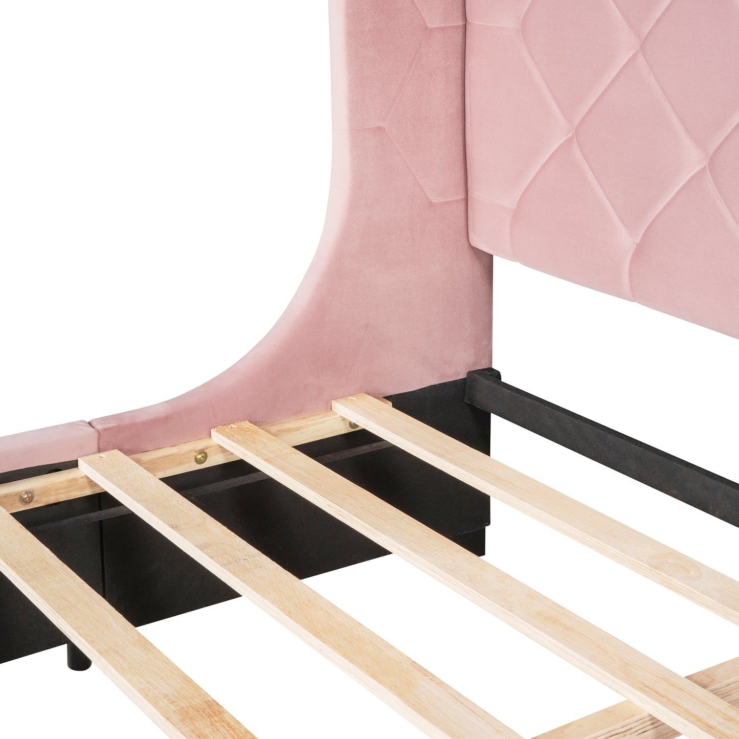 modern velvet upholstered platform bed with wingback headboard and a big drawer