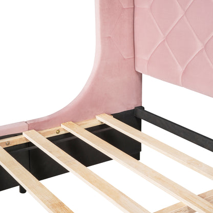 Modern Velvet Upholstered Platform Bed with Wingback Headboard and a Big Drawer