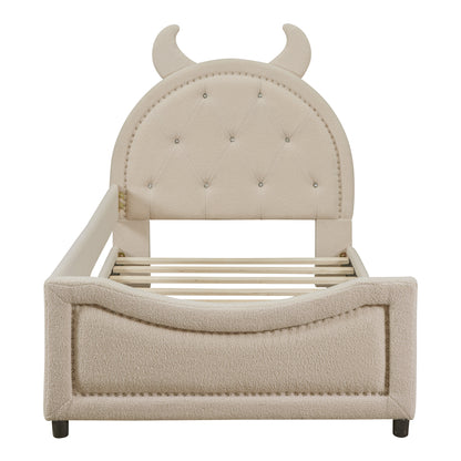 Teddy Fleece Upholstered Daybed with OX Horn Shaped Headboard, Beige