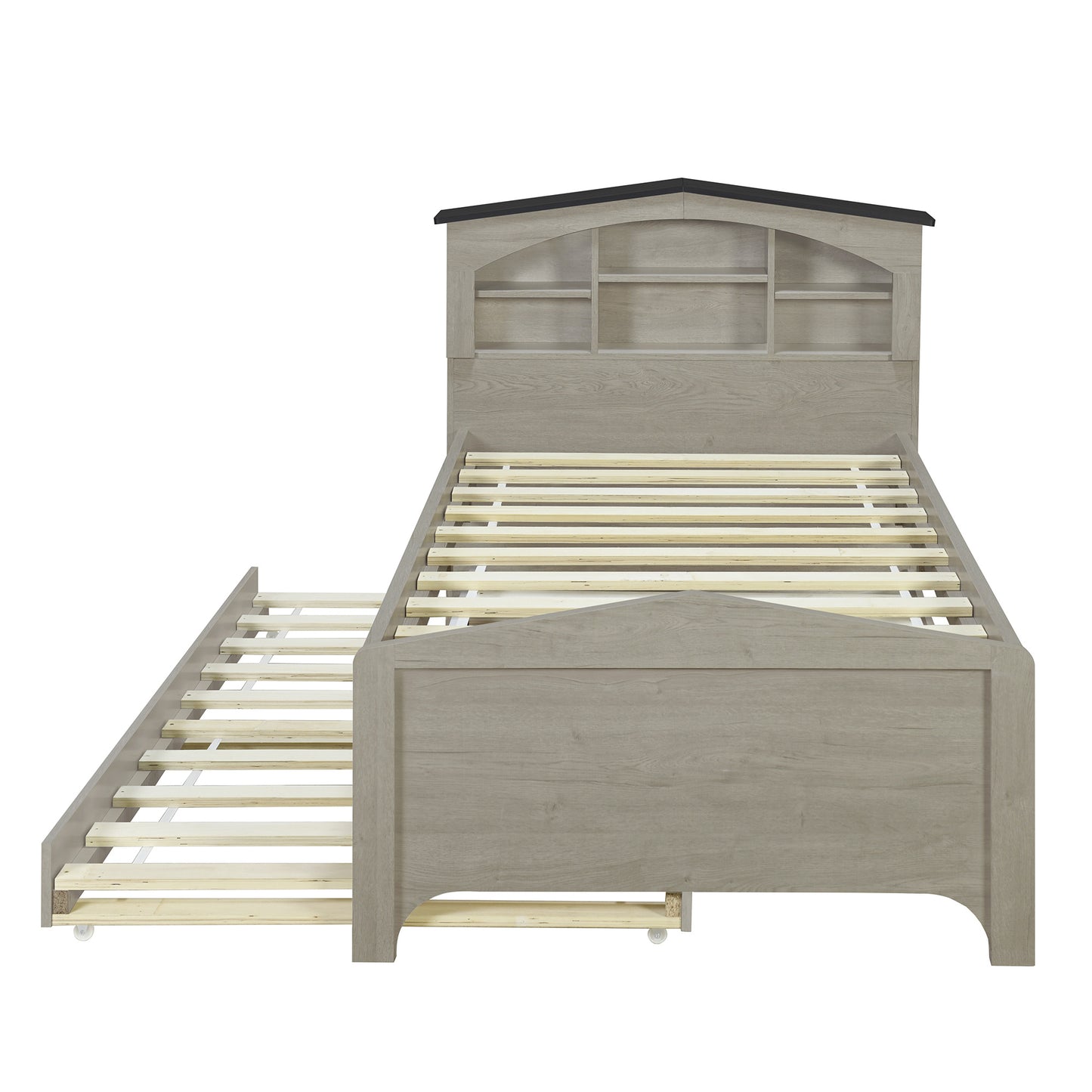 house-shaped bed with storage headboard and trundle, gray