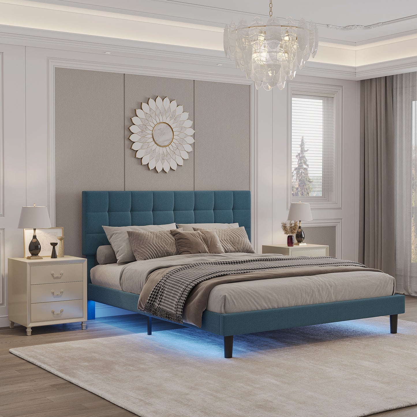 square upholstered platform bed with lights square stitched