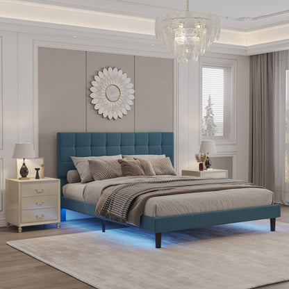 Square Upholstered Platform Bed with Lights Square Stitched
