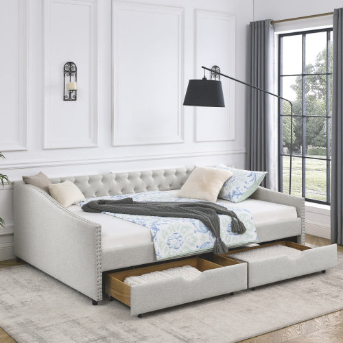 morgan queen size daybed with drawers upholstered tufted sofa bed, beige