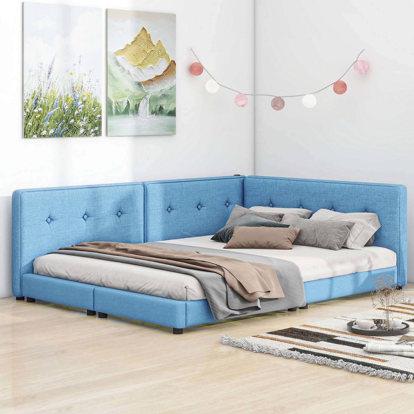 upholstered queen size platform bed with usb ports, blue