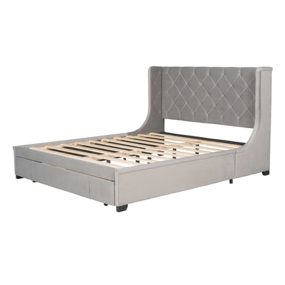 Modern Velvet Upholstered Platform Bed with Wingback Headboard and a Big Drawer