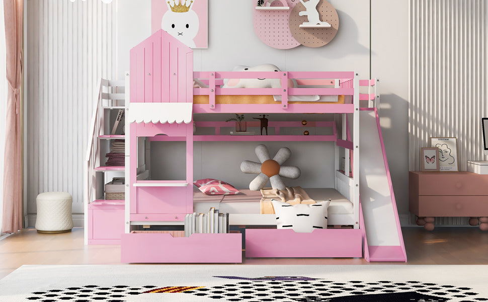 full-over-full castle style bunk bed with 2 drawers 3 shelves and slide - pink