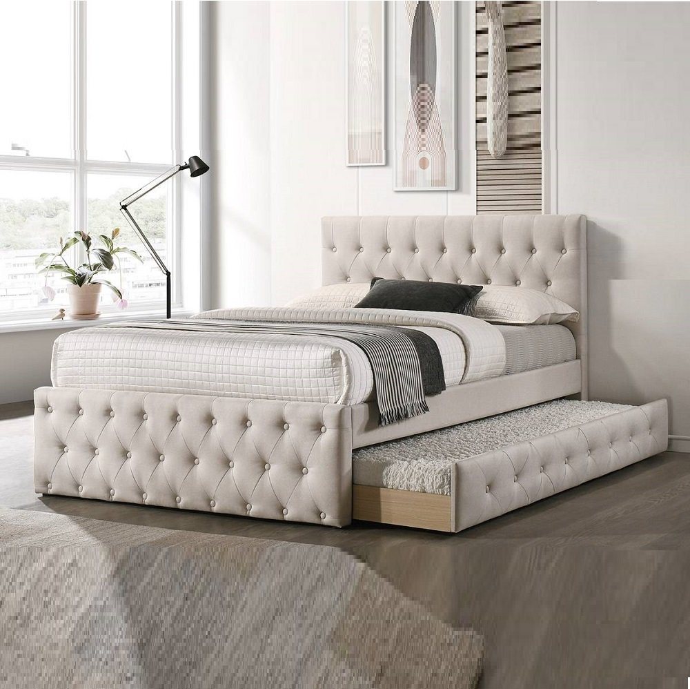 burlap upholstered tufted bed with storage