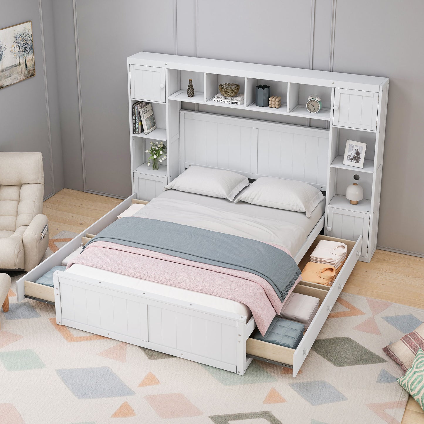 elegant and functional bed with 4 drawers and all-in-one cabinet and shelf, white