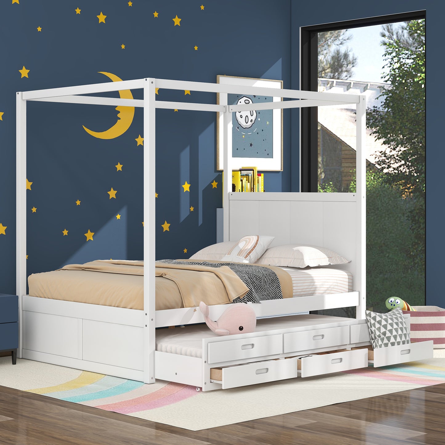 queen size canopy platform bed with twin size trundle and three storage drawers,white