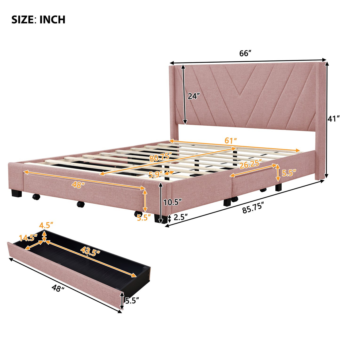 amber storage bed linen upholstered platform bed with 3 drawers (pink)