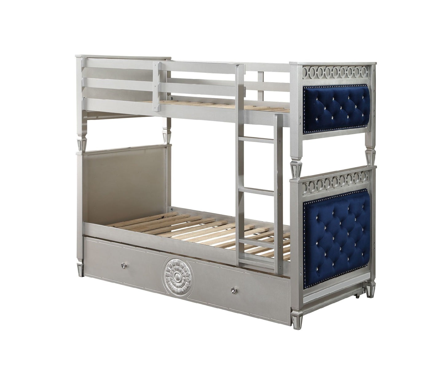 acme varian bunk bed, blue velvet & silver finish
