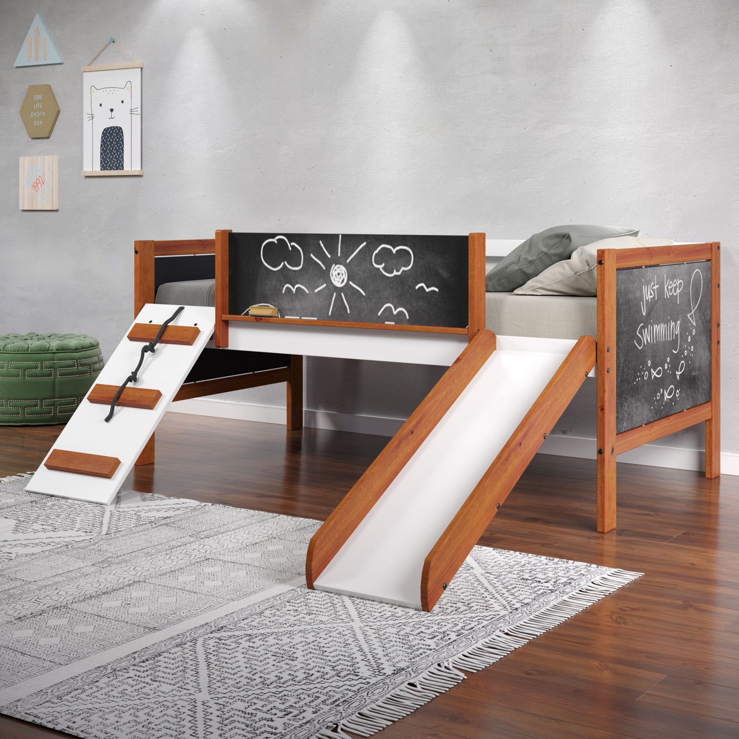 acme aurea twin loft bed w/slide, cherry oak & white finish