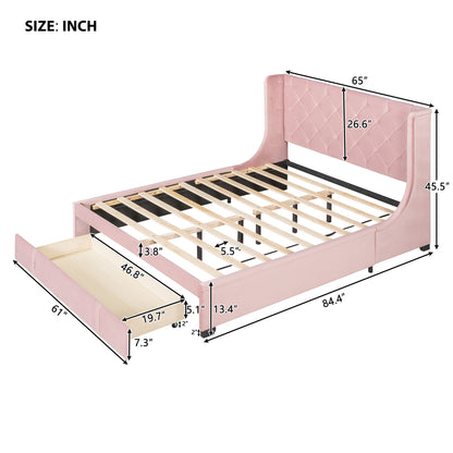 Modern Velvet Upholstered Platform Bed with Wingback Headboard and a Big Drawer