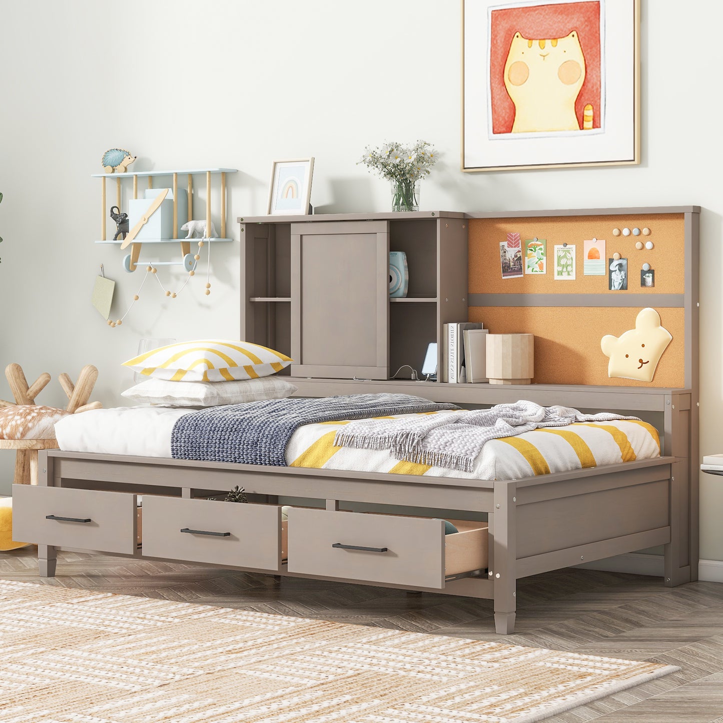 twin size lounge daybed with storage shelves, cork board, usb ports and 3 drawers, antique gray