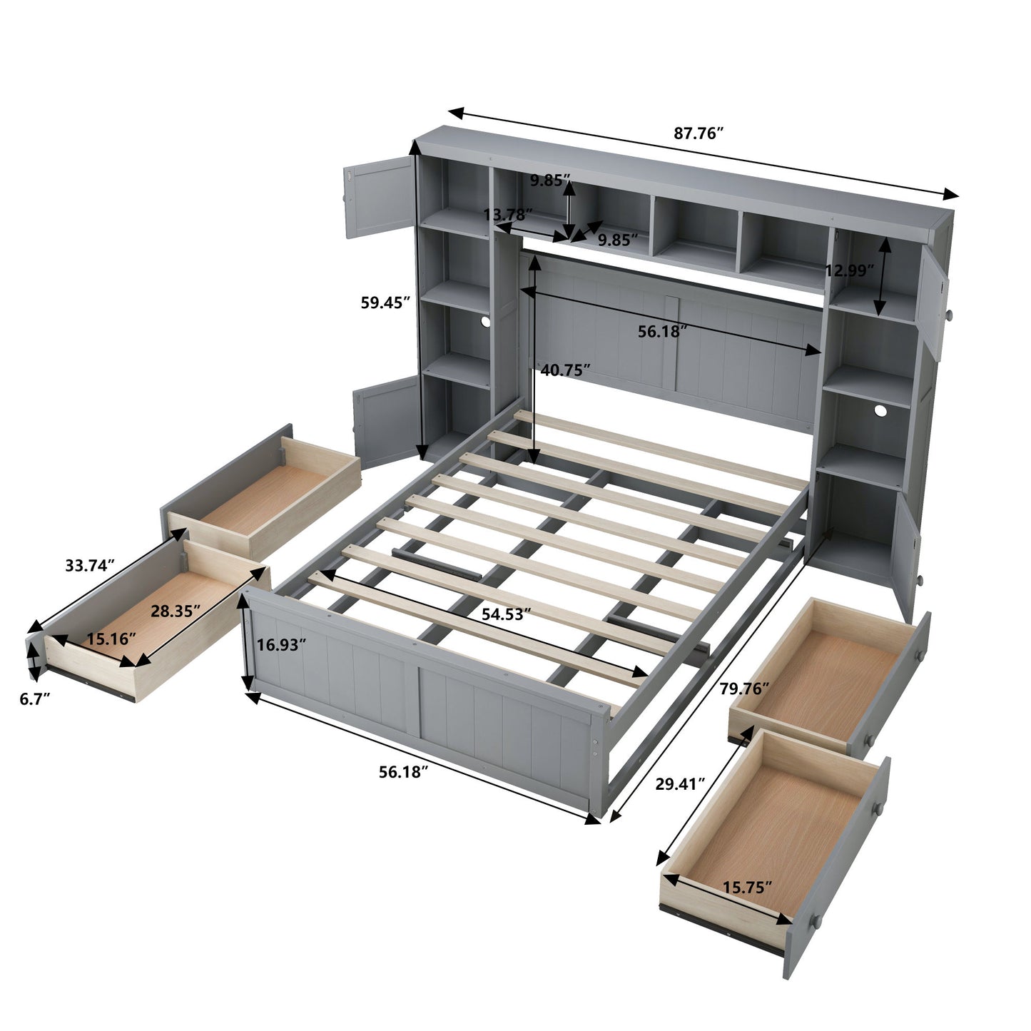 elegant and functional bed with 4 drawers and all-in-one cabinet and shelf, grey