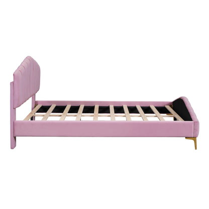Stylish Velvet Platform Bed with Thick Fabric, Pink