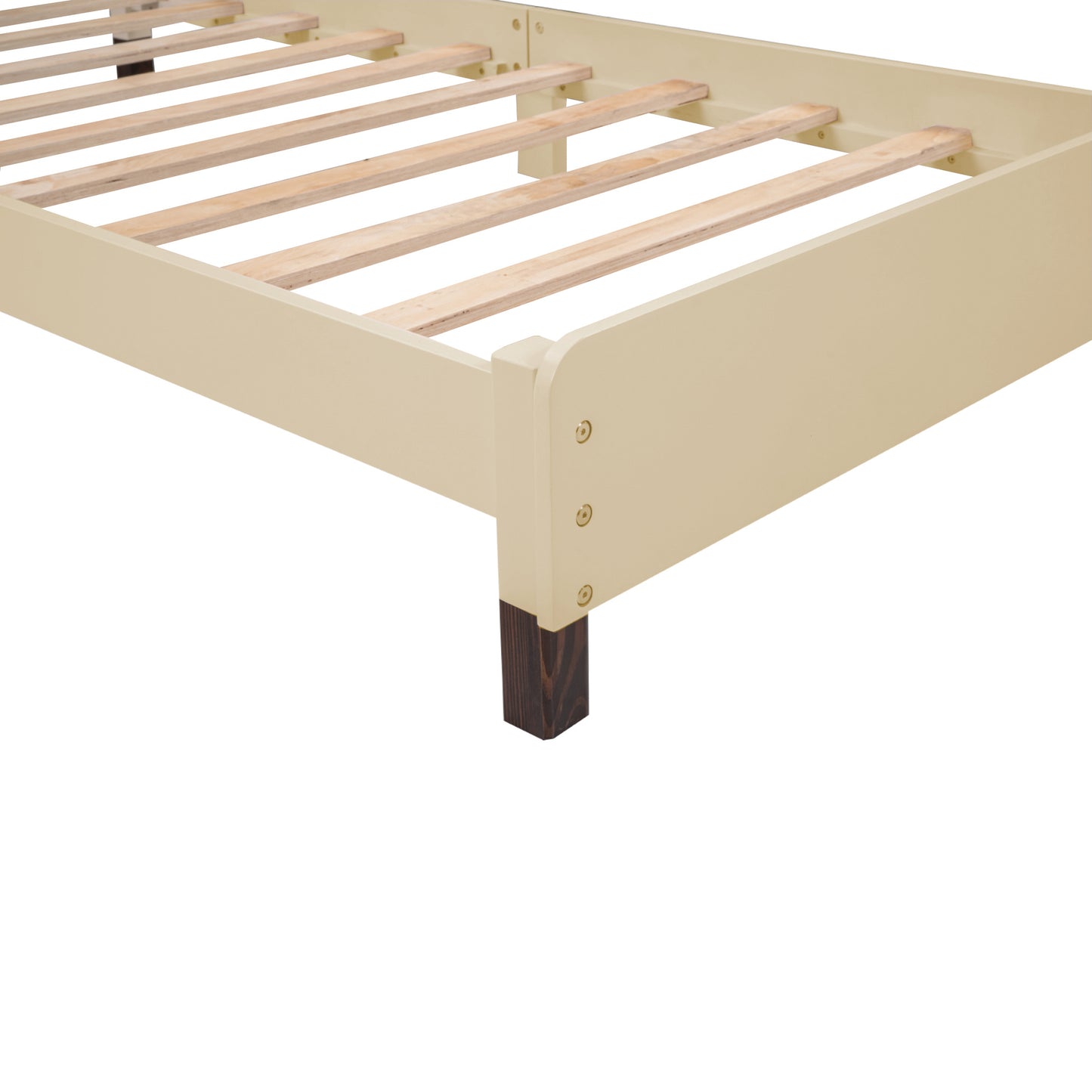 wood platform bed with house-shaped headboard and motion activated night lights, cream+walnut