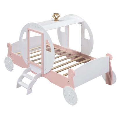 Princess Carriage Bed with Crown ,White+Pink