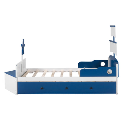 Boat-Shaped  Bed with Twin size Trundle & Storage, Blue