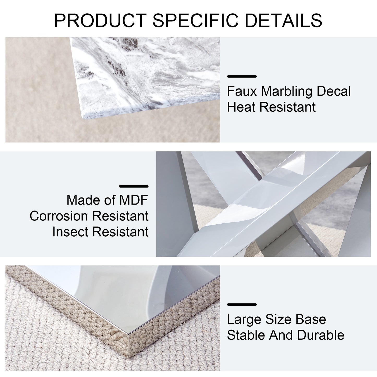 mdf faux marble dining table with white double v-shaped support
