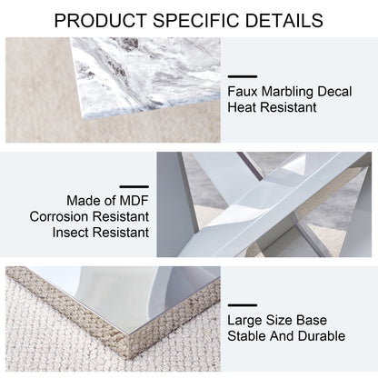 MDF Faux Marble Dining Table with White Double V-Shaped Support