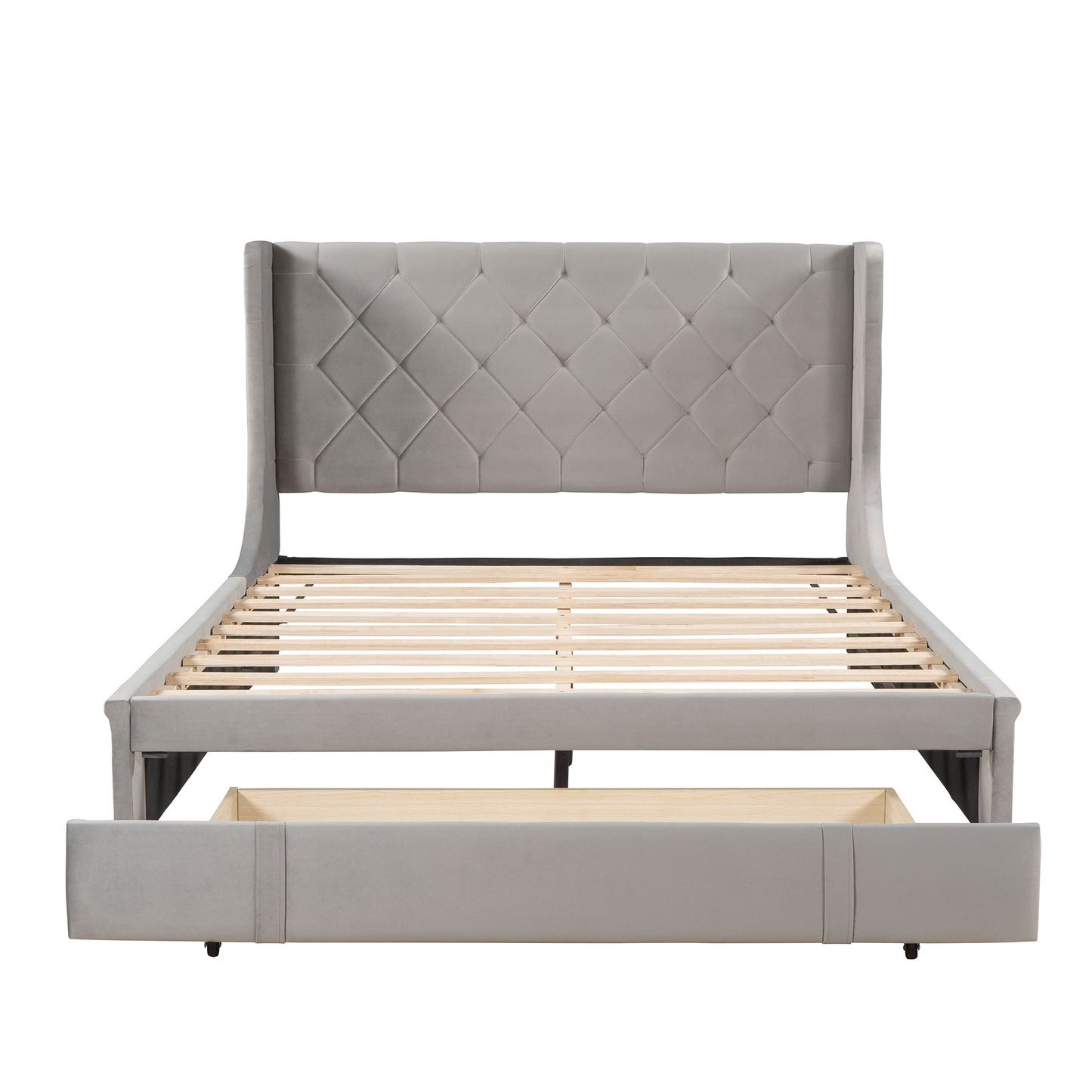 modern velvet upholstered platform bed with wingback headboard and a big drawer