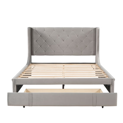 Modern Velvet Upholstered Platform Bed with Wingback Headboard and a Big Drawer