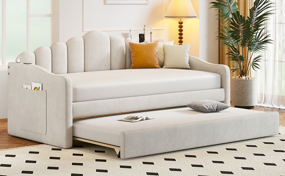 upholstered velvet bed with usb charging ports, beige