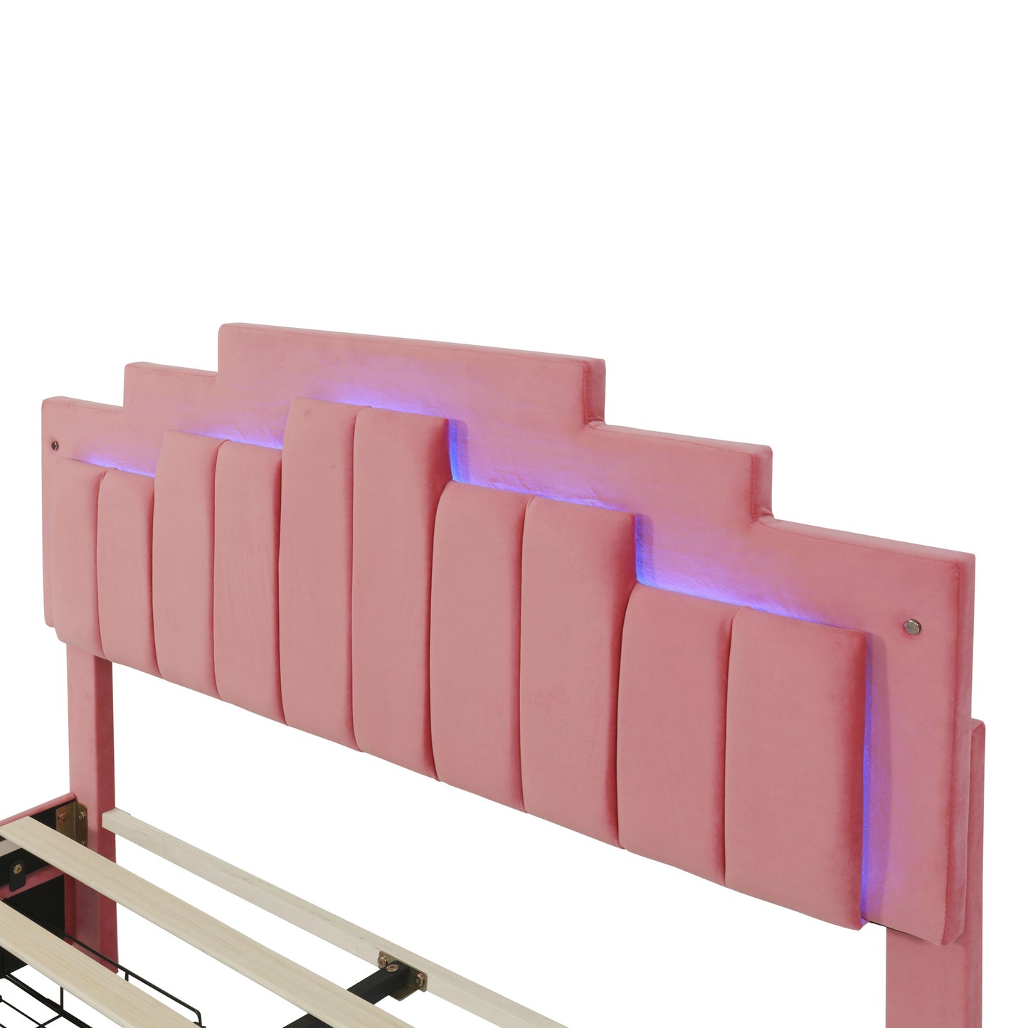 irregular upholstered platform bed with led lights and 4 drawers, pink