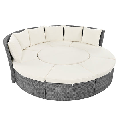 TOPMAX Patio 5-Piece Round Rattan Sectional Sofa Set, Beige