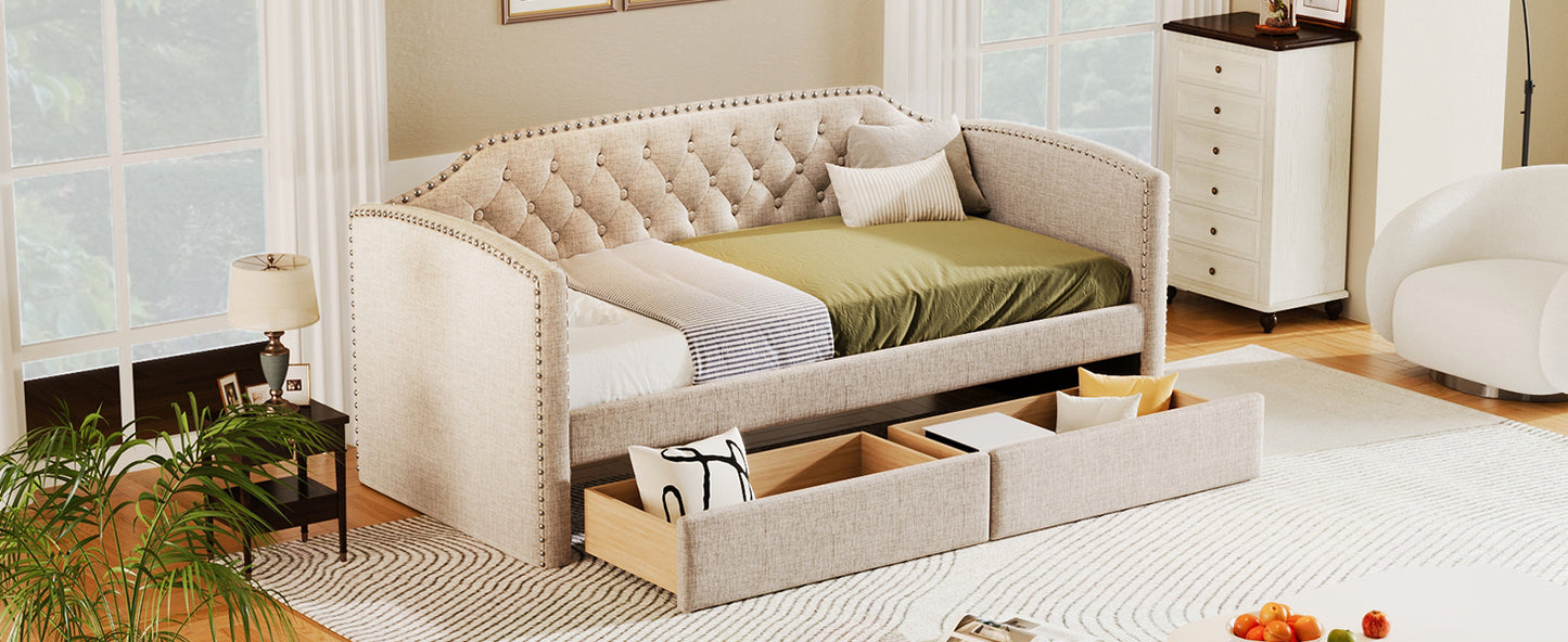 kim upholstered bed with drawers, beige