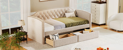 Kim Upholstered Bed with Drawers, Beige