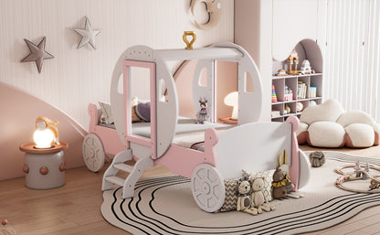 Princess Carriage Bed with Crown ,White+Pink