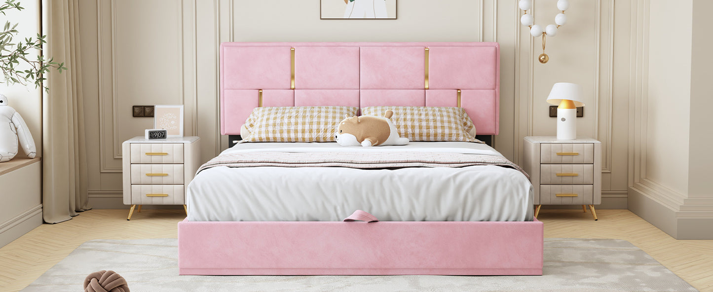 upholstered platform bed with hydraulic storage system, pink