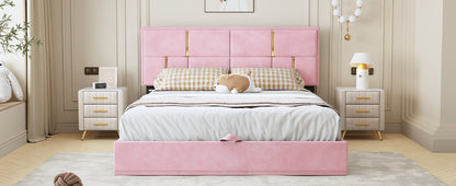 Upholstered Platform Bed with Hydraulic Storage System, Pink