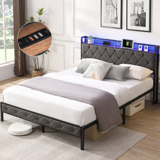 Queen Bed Frame with Storage Headboard, Charging Station and LED Lights,Dark Gray