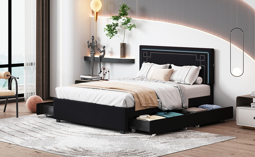 upholstered platform bed with rivet-decorated headboard, led bed frame and 4 drawers, black