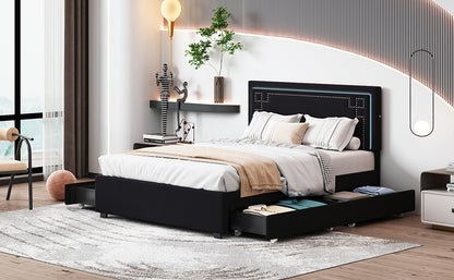 Upholstered Platform Bed with Rivet-decorated Headboard, LED bed frame and 4 Drawers, Black