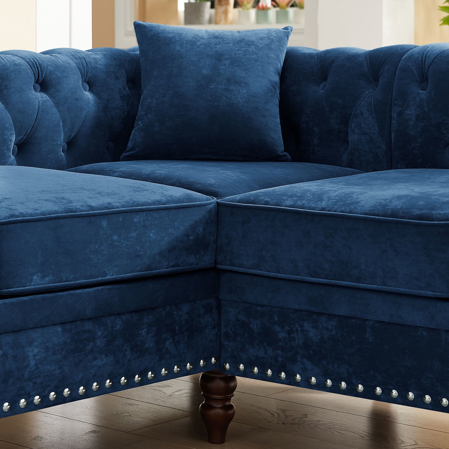 luxury classic chesterfield l-shaped sofa 3 pillows included, blue velvet