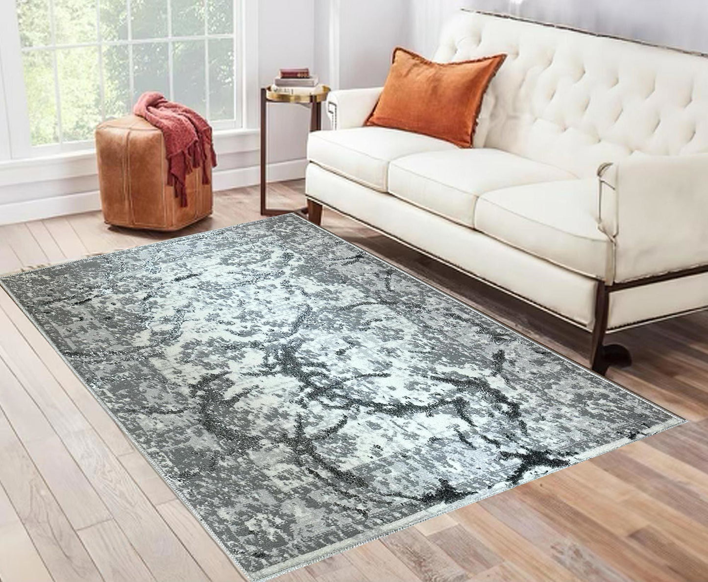 penina luxury area rug in gray with silver circles abstract design