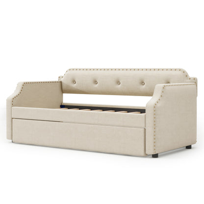 Lizzy Upholstered Bed with Trundle, Beige