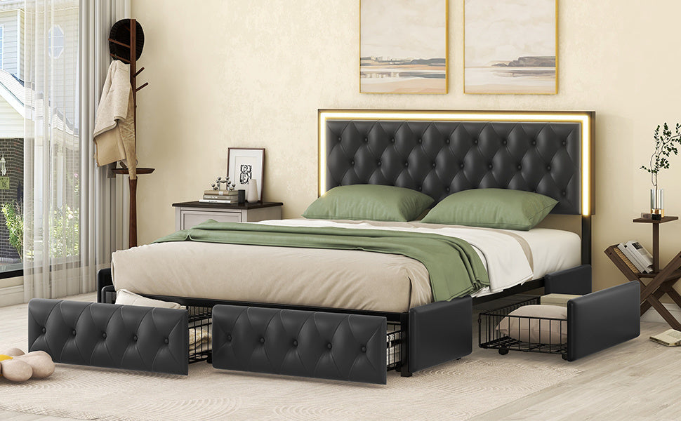 queen upholstered pu leather platform bed with led headboard, black