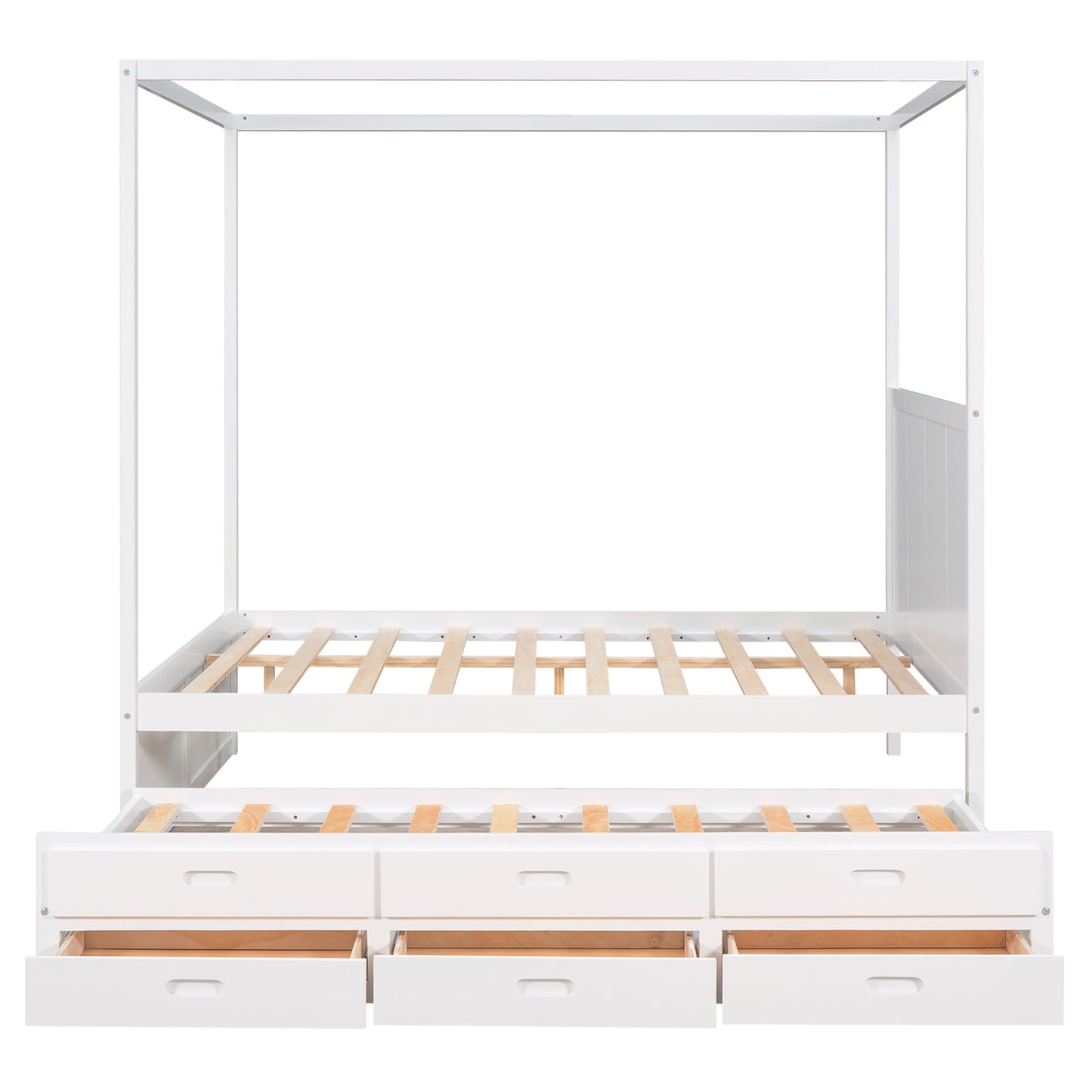 queen size canopy platform bed with twin size trundle and three storage drawers,white